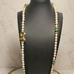 Vintage Pearl Jadeite And Cloisone NECKLACE
